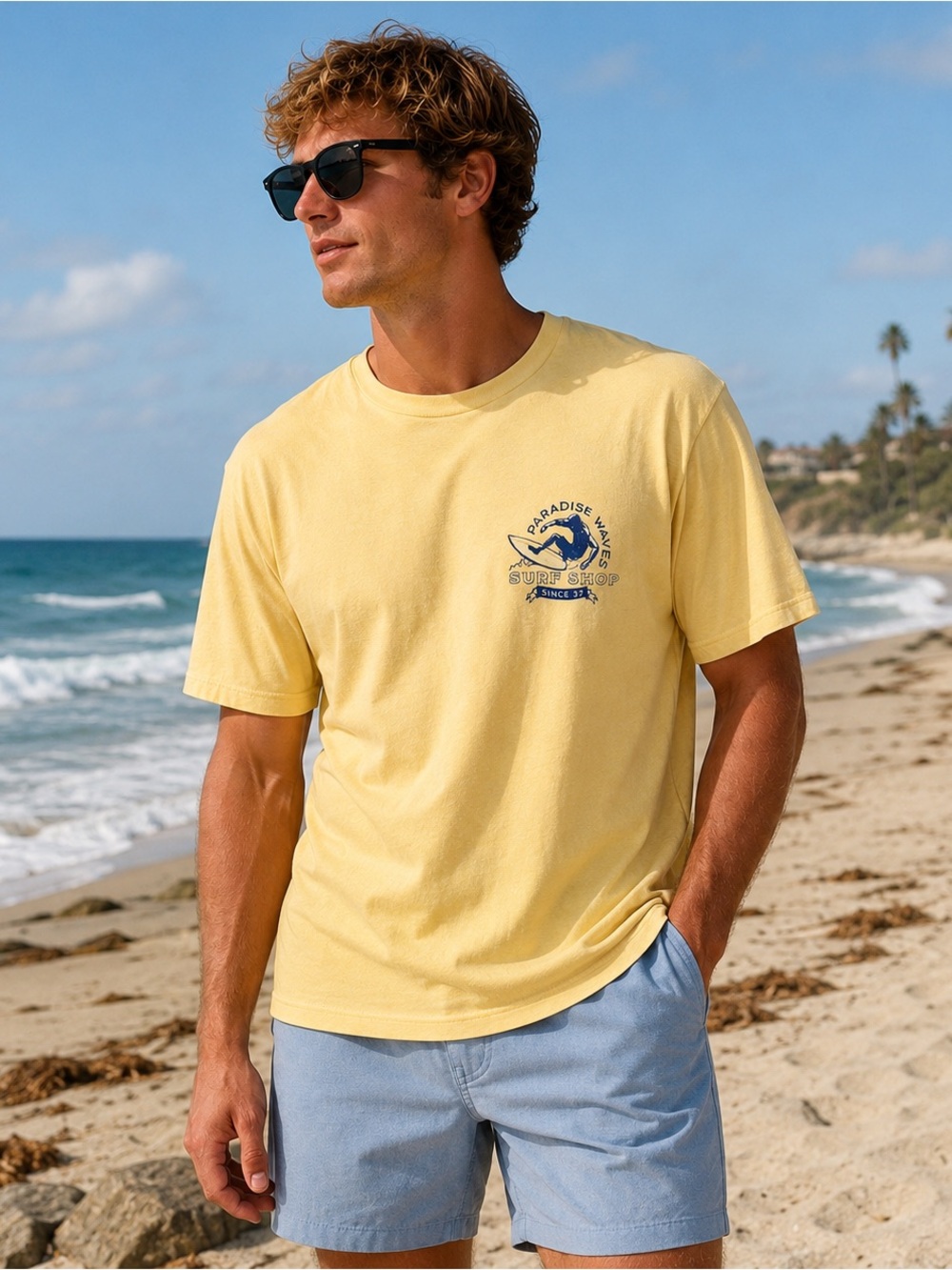 IZOD Saltwater Surf Shop Graphic Tee Yellow Mens Large